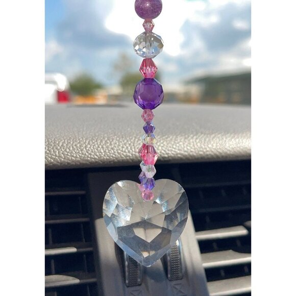 Dinosaur Beaded Suncatcher Rearview Mirror Charm Pink Clear Heart Crystal Prism - Picture 5 of 10